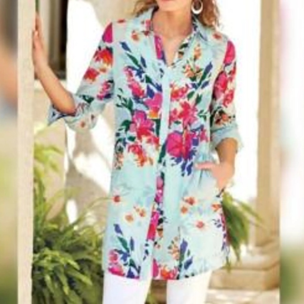 Soft Surroundings 2-piece Tunic Top Shirt Medium Petite Floral Button Front NEW